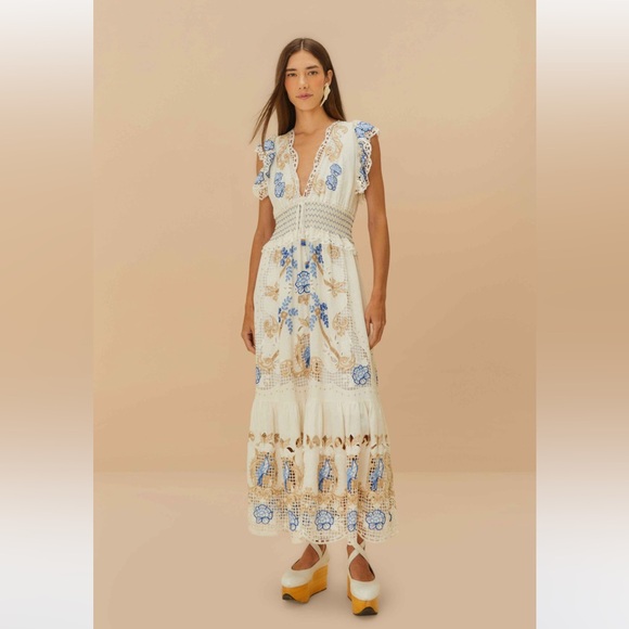 FARM Rio Romantic Richelieu off-white Maxi Dress - Picture 1 of 4